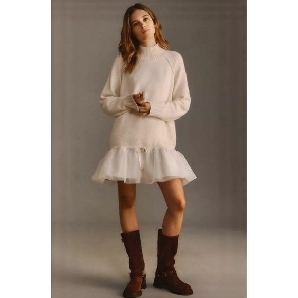 Anthropologie Dresses & Skirts - Anthropologie Babydoll Ballerina Longsleeve Cream Tulle Twofer Mini Dress sz L